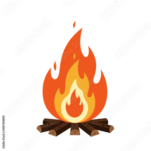 Colorful campfire flame burning on wooden logs in a campsite  