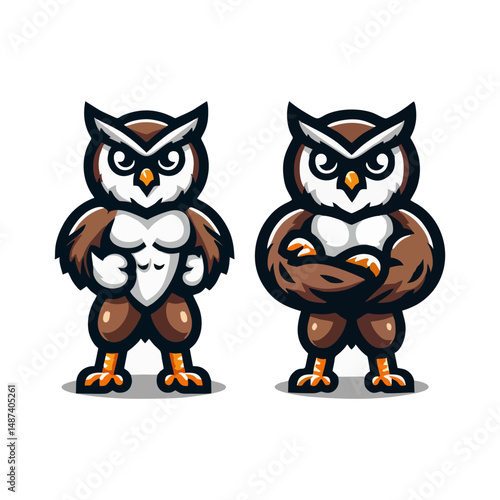 Owl mascot vector illustration for predator bird character, nocturnal animal cartoon emblem, wings badge, beak and feather logo template, wildlife symbol, cute bigeyes expressive drawing art