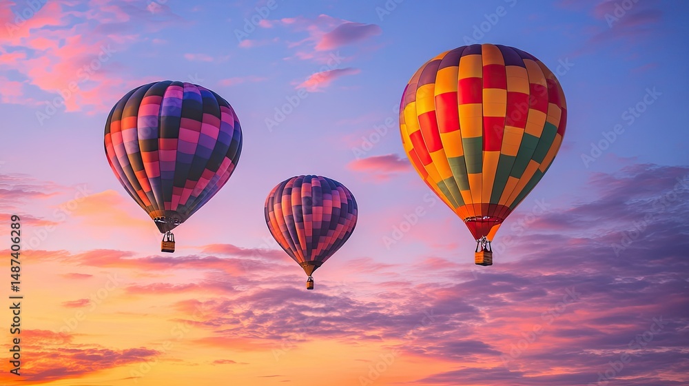 Fototapeta premium Multicolored balloons floating free against a soft gradient sky at twilight
