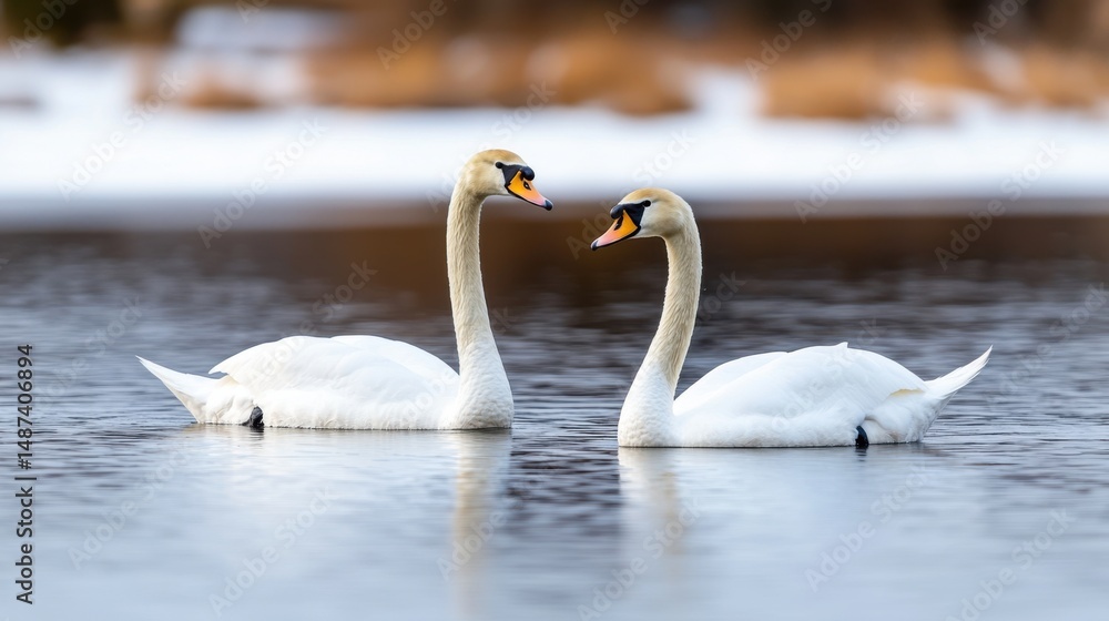 Fototapeta premium Romantic Swans on Winter Lake, Wildlife Photography
