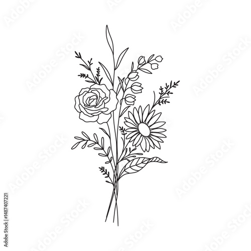 Wildflower bouquet vector. Rose flower bouquet. Hand drawn flower, wild plant, botanical vector illustration