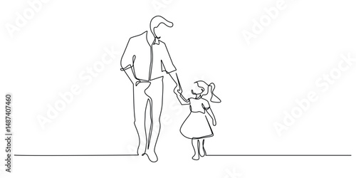 one continuous line drawing of father walking with his daughter.single line vector illustration of father playing with daughter on holiday.family care sign,childhood.abstract line art.eps 10