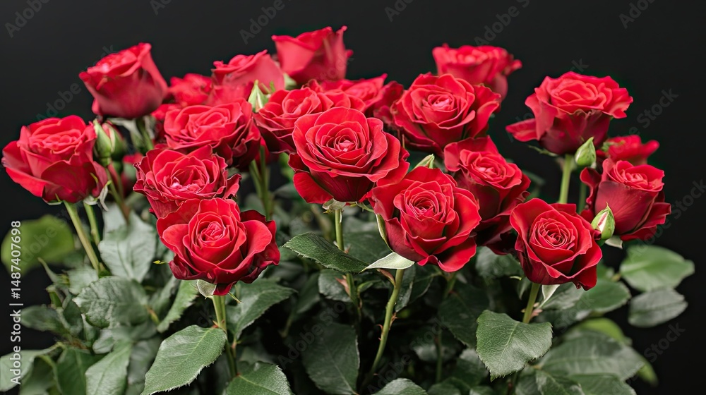 Obraz premium Richly colored fresh red roses with a smooth black background, highlighting their natural beauty