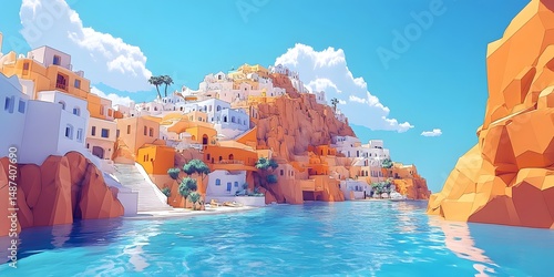 Colorful digital illustration of a coastal village