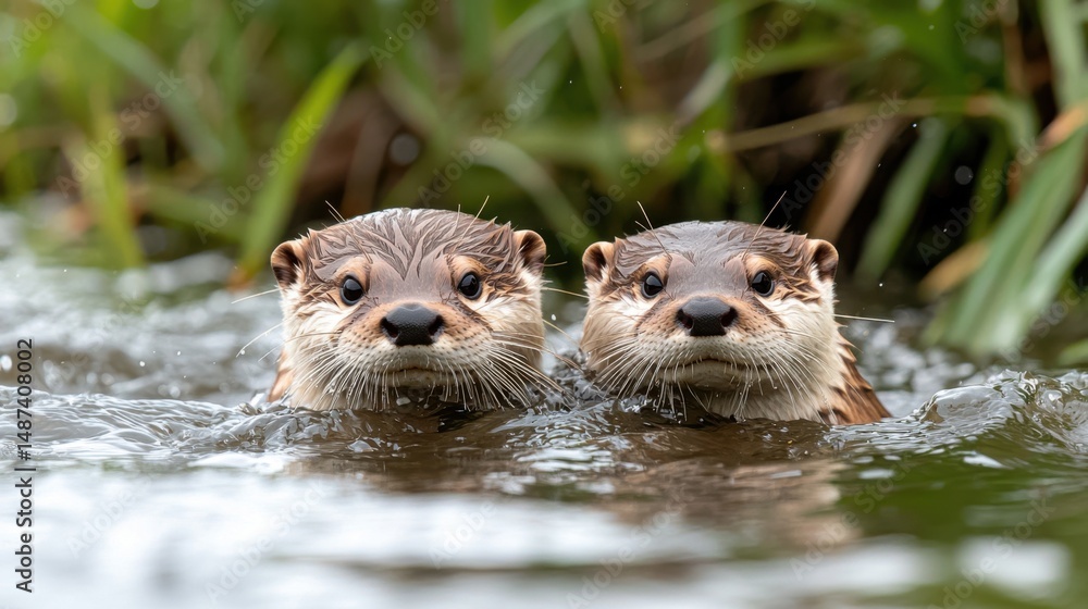 Fototapeta premium Two Otters Swimming in River, Wildlife Photo