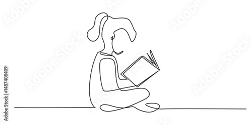 one continuous line drawing of a girl reading a book and sitting on the floor. one line drawing of a child studying at home. suitable for educational and knowledge drawing elements