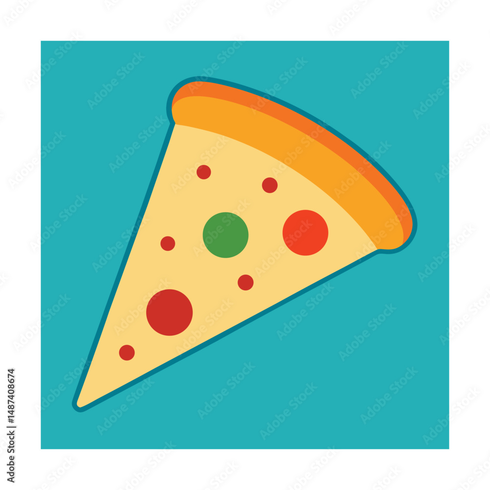 Delicious slice of pizza with colorful pepperoni in a vibrant teal square background Delicious slice of pizza with colorful pepperoni in a vibrant teal square background