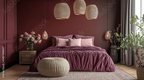 A warm bedroom with burgundy accent wall, three woven pendants, plush purple bedspread, soft pink pillows, fresh flowers on nightstand, patterned rug, and round woven pouf for added charm