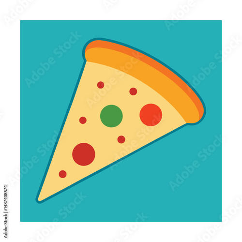 Delicious slice of pizza with colorful pepperoni in a vibrant teal square background