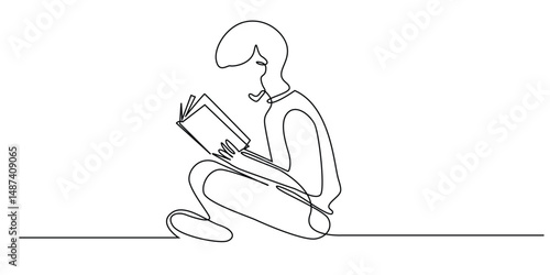 one continuous line drawing of a boy seriously reading a book and sitting on the floor.one line drawing of a child studying at home.suitable for educational, knowledge drawing elements