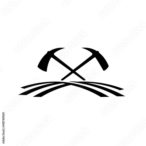 Mining Equipment: A symbolic representation of the mining industry, this stark, high-contrast image features crossed pickaxes atop a set of stylized earth lines.