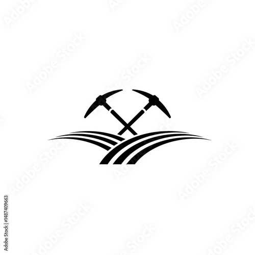 Mining Crest Silhouette: A bold silhouette of crossed pickaxes atop stylized rolling hills, embodying the essence of mining and agricultural industry.
