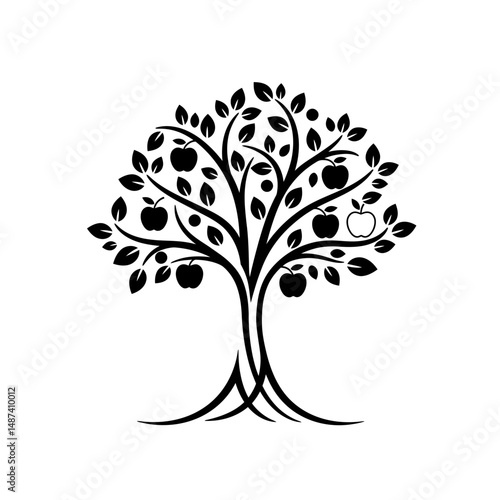 Apple Tree Silhouette: A meticulously crafted silhouette of an apple tree, brimming with luscious apples, symbolizing growth, knowledge, and the beauty of nature. 