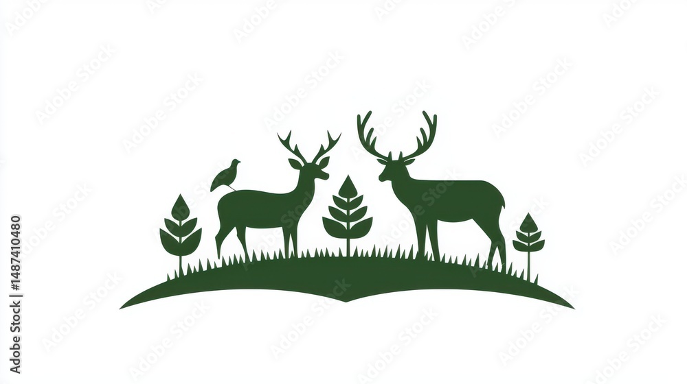 Fototapeta premium Deer Silhouette Nature Scene, Eco Logo