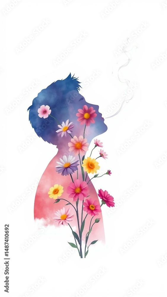 Obraz premium Watercolor Silhouette of a Person with Colorful Flowers Growing Inside