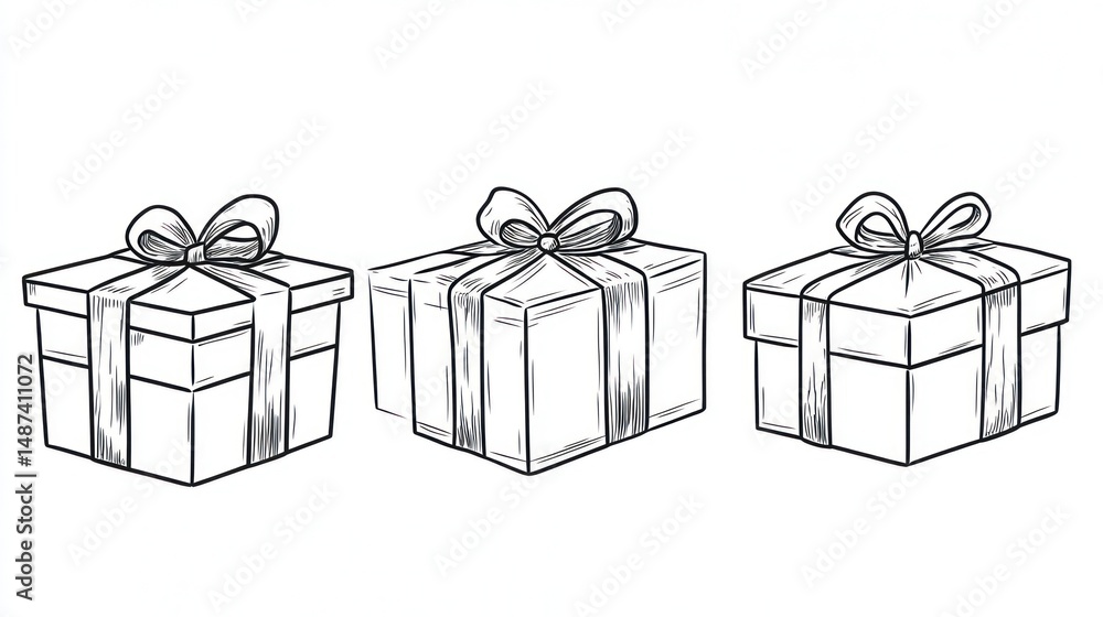 Obraz premium Three simple gift boxes, outlined, holiday graphic