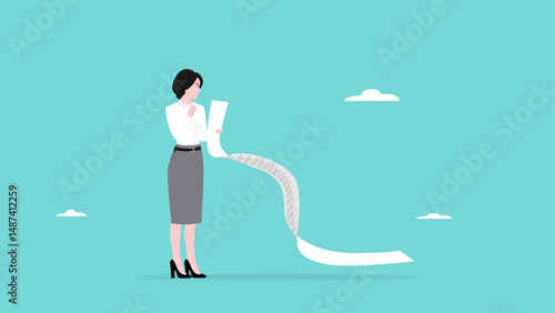 payment bill, income tax or expense on long invoice receipt paper, confused woman with long bill paper concept vector illustration