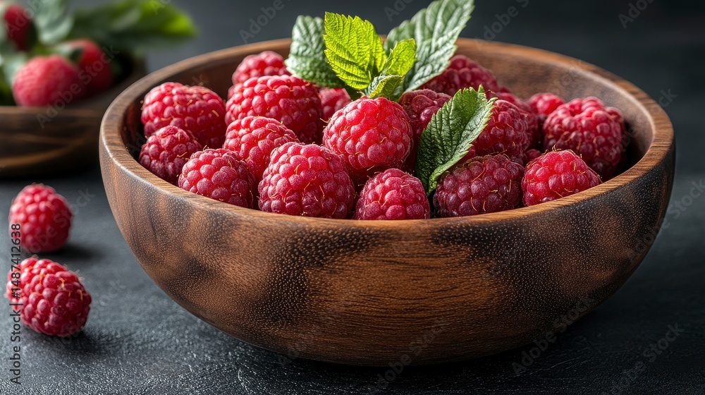 Raspberries in wooden bowl with mint, on gray. Delicious, fresh, vibrant color Raspberries in wooden bowl with mint, on gray. Delicious, fresh, vibrant color