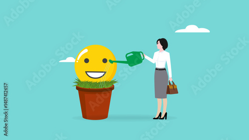 control emotions to get high performance at work, Understanding your emotions mood swings, emotional intellect, learn to control your feeling or emotion, businesswoman watering smile plants