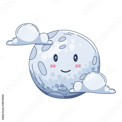 illustration a cartoon-style moon with a friendly face, adorned with rosy cheeks and a gentle smile. The moon is surrounded by fluffy clouds, adding a whimsical touch to the design.