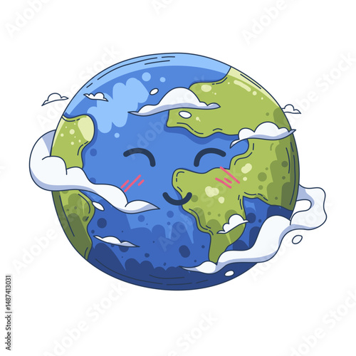 illustration cute cartoon-style Earth with a smiling face, surrounded by fluffy white clouds. The continents are depicted in green, while the oceans are in blue, creating a vibrant and cheerful.