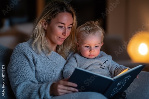 Woman and baby reading a book on a sofa in the evening light. Cozy family bonding time with child learning, representing parenthood and education concepts.