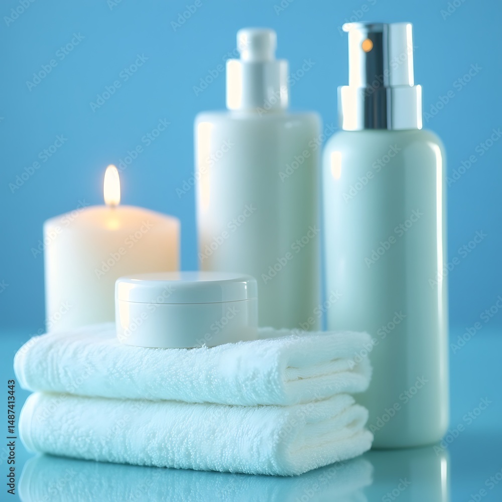 Spa essentials on a light blue surface