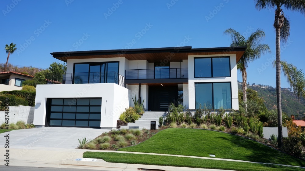 Modern two-story house with white design, dark sloped roof, balcony above entrance, large windows, garage on the left, and ornamental grass lawn against a clear blue sky backdrop Modern two-story house with white design, dark sloped roof, balcony above entrance, large windows, garage on the left, and ornamental grass lawn against a clear blue sky backdrop