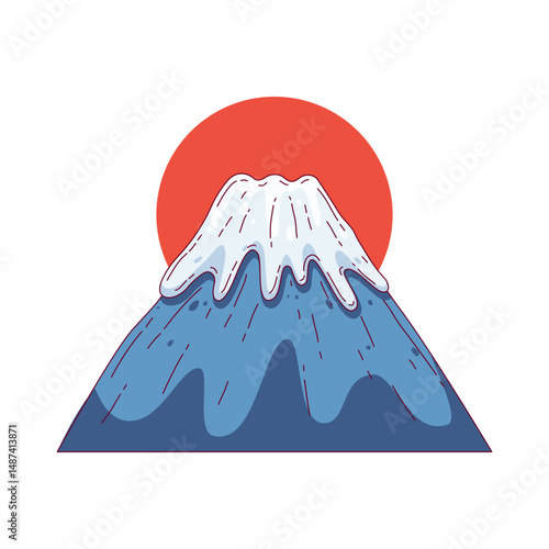 illustration of Mount Fuji, Japan's tallest and most iconic mountain, with a stylized representation of the rising sun behind it. The image emphasizes national identity, natural beauty of Japan