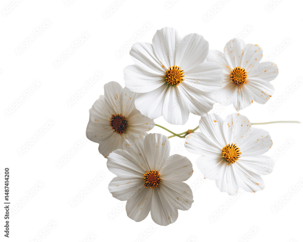 Fototapeta premium Five White Cosmos Flowers on Transparent Background, PNG