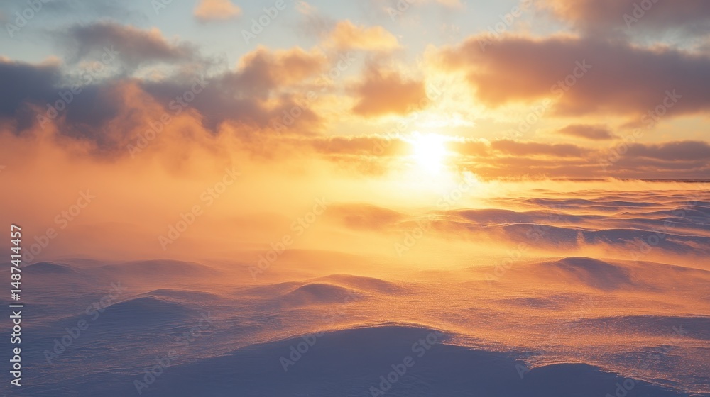 Golden Sunset over Snowy Landscape with Hazy Atmosphere Golden Sunset over Snowy Landscape with Hazy Atmosphere