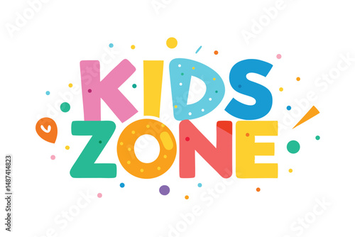 Vivid kids zone lettering floats playfully amidst colorful dots on a white backdrop