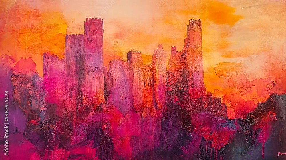 Abstract cityscape with tall buildings against a vibrant orange and purple sky. Abstract cityscape with tall buildings against a vibrant orange and purple sky.