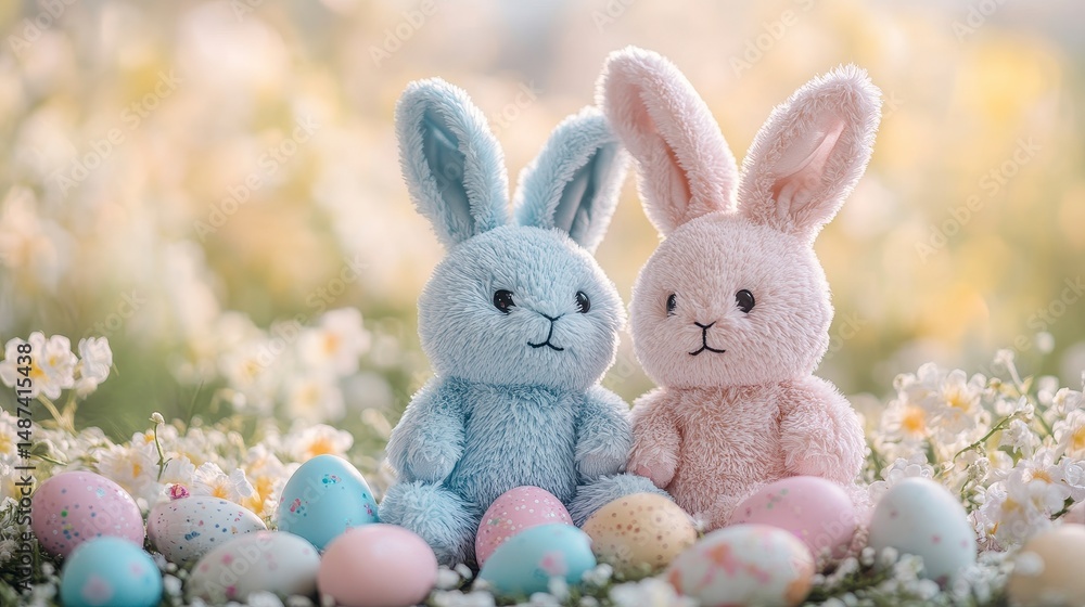 Obraz premium Plush Bunny Toys Surrounded by Colorful Easter Eggs in Spring Setting