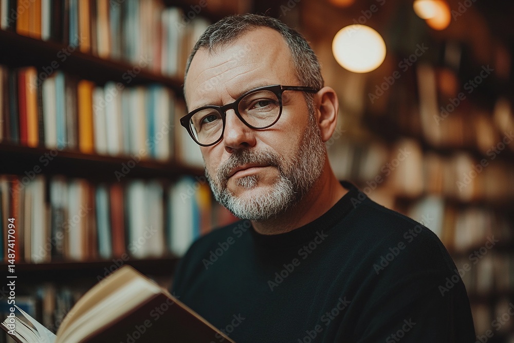 Bearded intellectual reading library backdrop Bearded intellectual reading library backdrop
