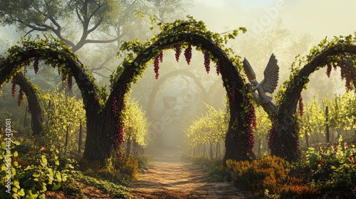 Arched green plant structures create a pathway in a lush forest environment.