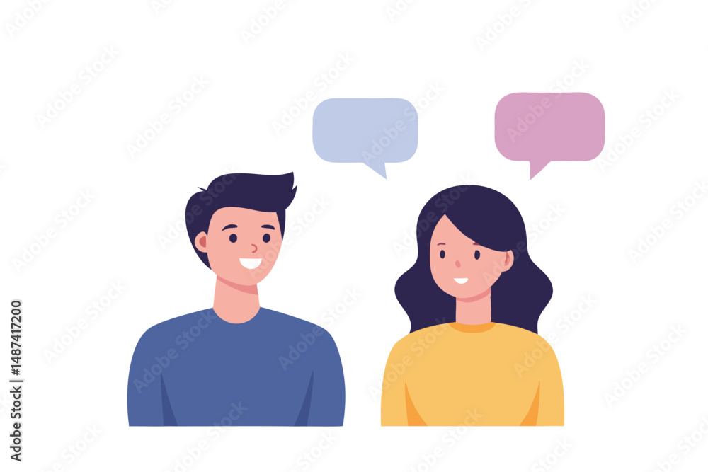 Young diverse couple are communicating with blue and pink speech bubbles above them Young diverse couple are communicating with blue and pink speech bubbles above them