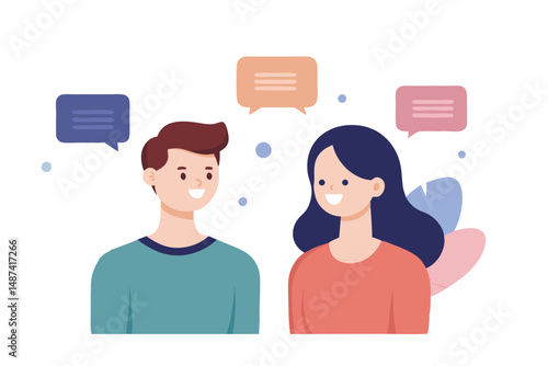 Young couple with speech bubbles, sharing their thoughts and ideas in a friendly conversation