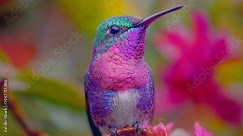Vibrant hummingbird with iridescent plumage, perched on a blossom-filled branch.  Close-up view highlighting its colorful feathers against a backdrop of soft, blurred flowers