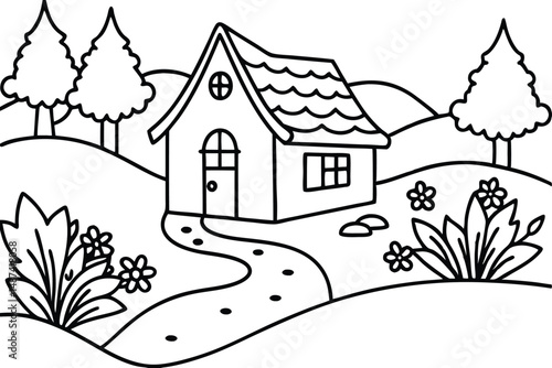 A charming monochrome house sits nestled among trees, flowers, and rolling hills in the countryside