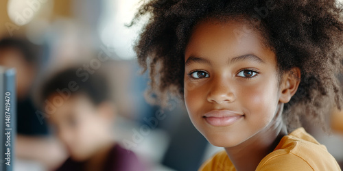 Smiling child with curly hair in classroom setting, engaged in learning activities with peers
