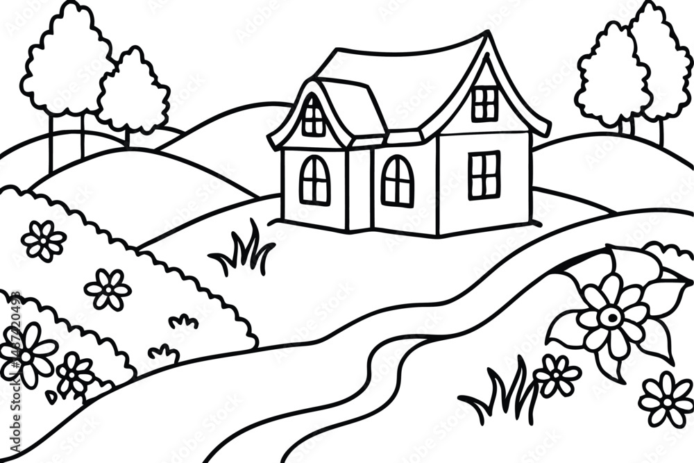 Fototapeta premium A simplistic outlined house sits atop a hill amidst floral landscapes and trees