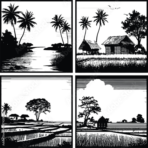 Black and White Rural Landscape Vector Illustration Featuring Serene River, Village Huts, Lush Fields, and Expansive Countryside with Palm Trees