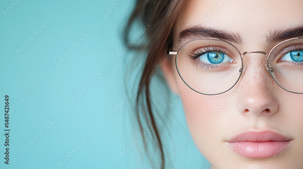 Close Up Portrait of Woman with Glasses and Blue Eyes on Soft Blue Background Close Up Portrait of Woman with Glasses and Blue Eyes on Soft Blue Background
