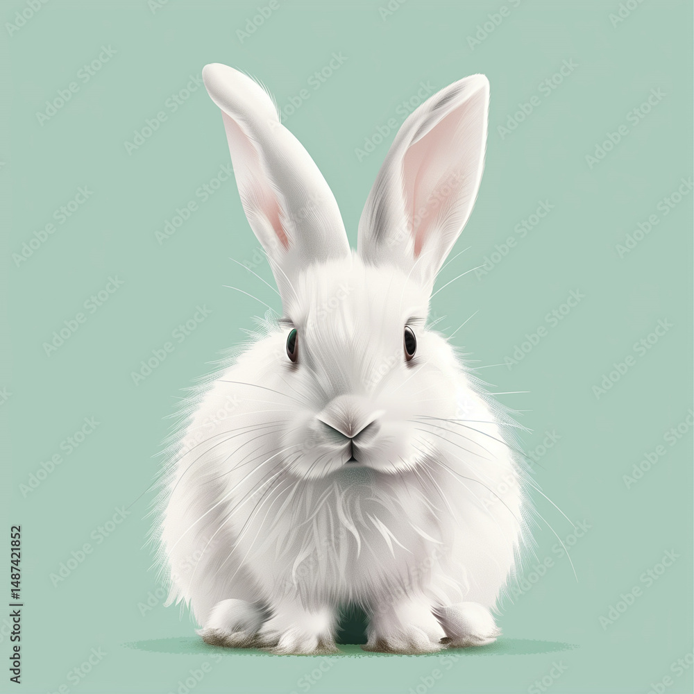 Fototapeta premium White fluffy rabbit in realistic style on mint green background