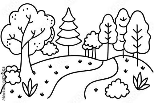 A winding path leads through a forest with various trees and bushes