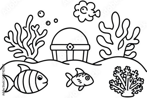An underwater shows a treasure chest, seaweed, and fish outlined in black