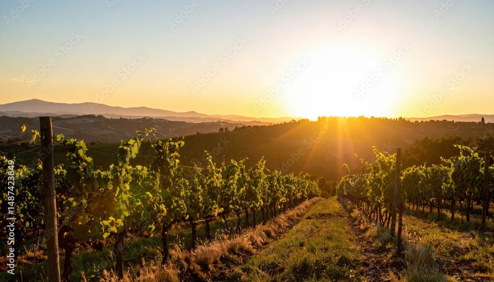 Fototapeta premium Vineyard Sunset Landscape With Golden Light