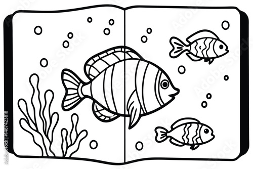 Black and white book illustrates underwater life with striped fish, bubbles, and seaweed