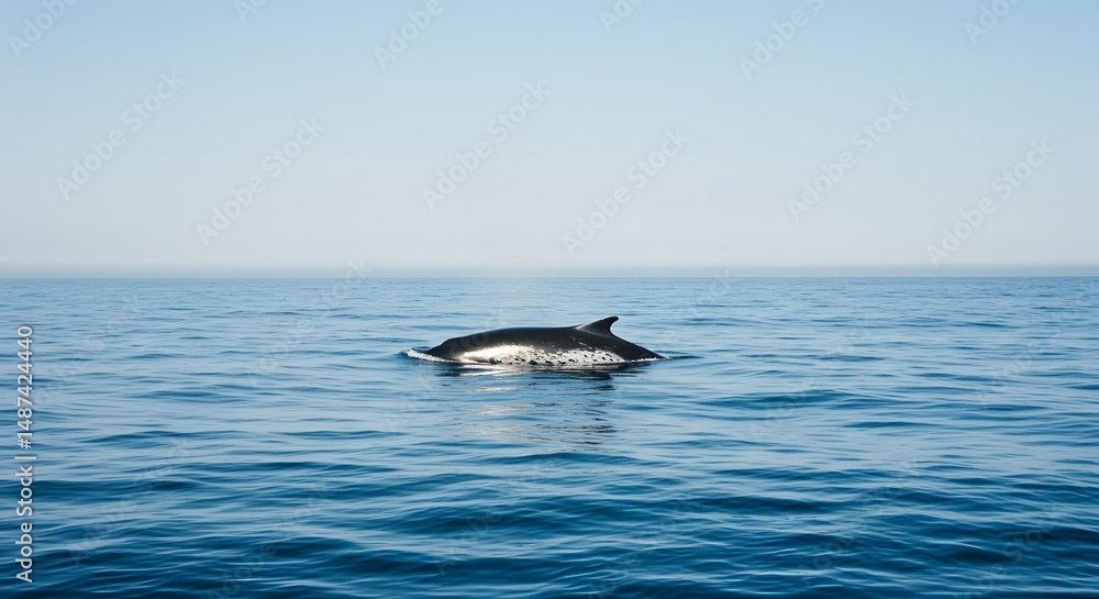 Fototapeta premium A Solitary Balaenoptera omurai Breaching the Surface of the Calm Ocean